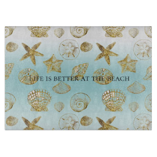 Beach Gold Sea Shells Aqua Blue Ombre Cutting Board