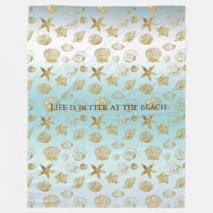 Beach Gold Sea Shells Aqua Blue Ombre    Fleece Blanket