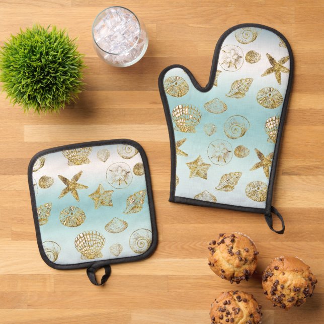 Beach Gold Sea Shells Aqua Blue Ombre    Oven Mitt & Pot Holder Set (Top Down)
