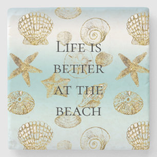 Beach Gold Sea Shells Aqua Blue Ombre Stone Coaster