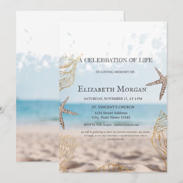 Beach Gold Seashells Celebration Of Life Invitation (Front/Back)