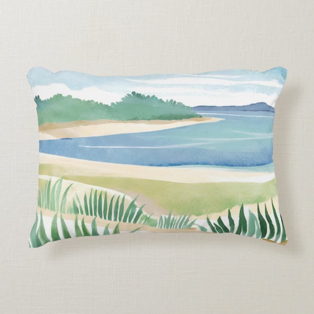 Beach Grass Bay | Watercolor Ocean Coastal Sea Accent Pillow (Front)
