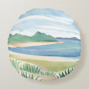 Beach Grass Bay Watercolor Ocean Coastal Sea Round Pillow