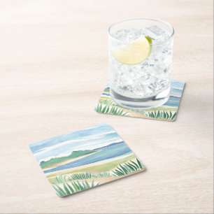 Beach Grass Bay   Watercolor Ocean Coastal Sea Square Paper Coaster