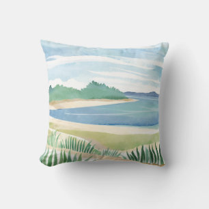 Beach Grass Bay   Watercolor Ocean Coastal Sea Throw Pillow
