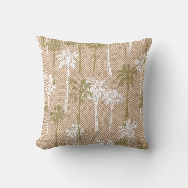 Beach Green and White Palm Tree Pattern Throw Pillow (Front)