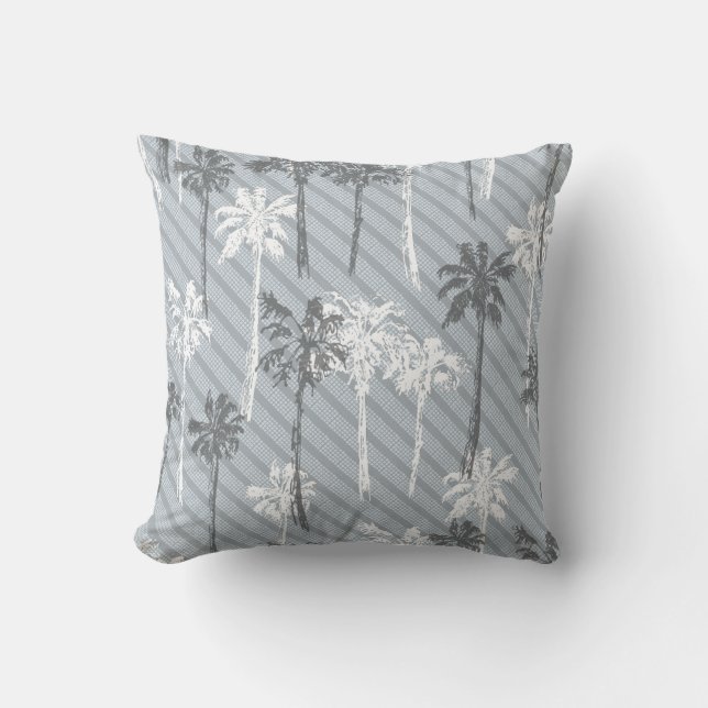 Beach Grey and White Palm Tree Pattern Throw Pill Pillow (Front)