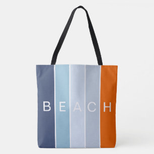 Beach happy cool blue and orange modern stripes tote bag