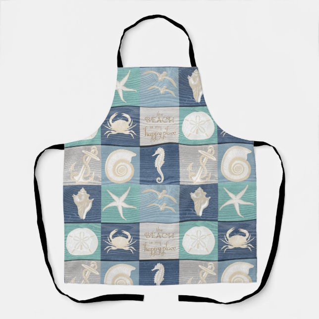 Beach Happy Place Blue Aqua Old Wood Sea Apron (Front)