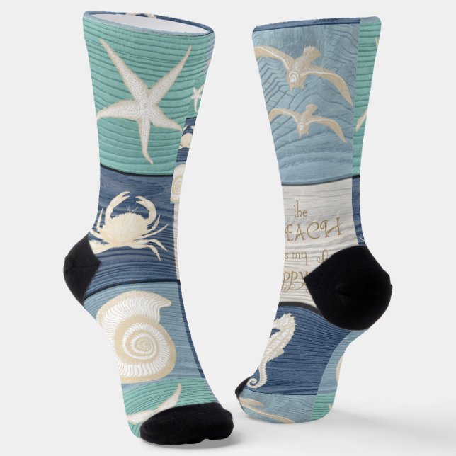 Beach Happy Place Blue Aqua Old Wood Sea Socks (Angled)