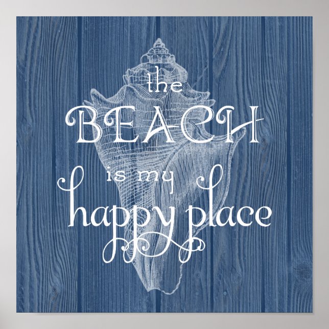 Beach Happy Place Seashell Blue Wood Poster (Front)