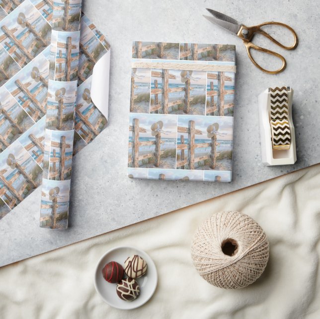 Beach Hat On Rustic Fence Post Wrapping Paper (Crafts)