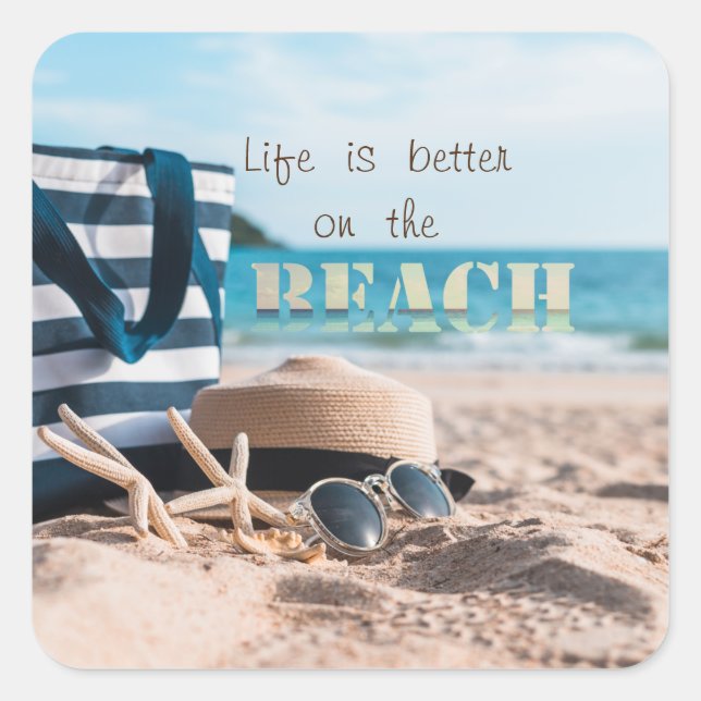 Beach Hat,Sunglasses,Bag,Sea stars  Square Sticker (Front)