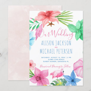 Beach Hawaiian tropical floral wreath wedding Invitation