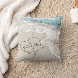 Beach Hearts In Sand With Names Throw Pillow