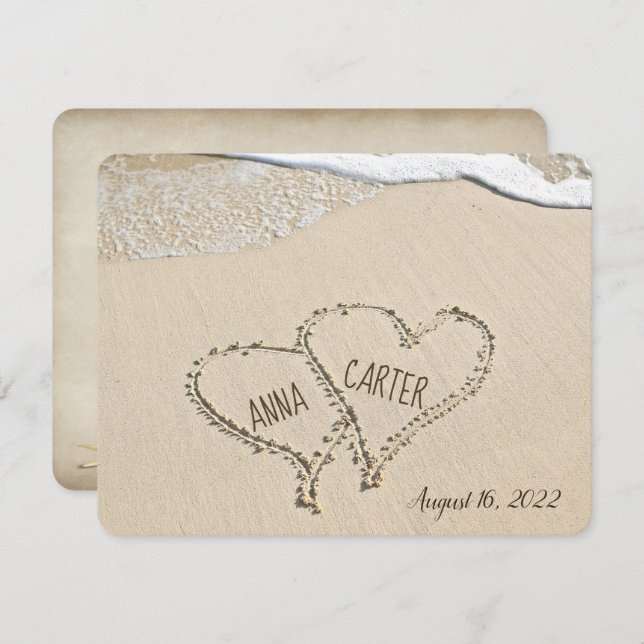 Beach Hearts  in sand with surf Invitation (Front/Back)