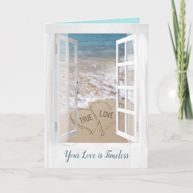 Beach Hearts in Window for Newlyweds Card (Front)