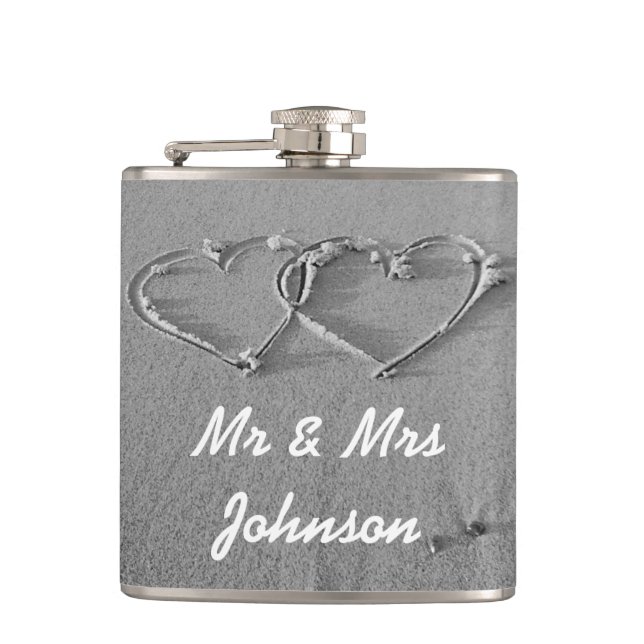 Beach hearts Mr and Mrs wedding drink flask (Front)