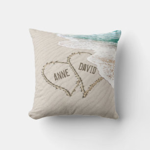 Beach Hearts On Sand with Names Throw Pillow