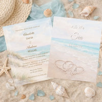 Beach hearts sand initials wedding invitation