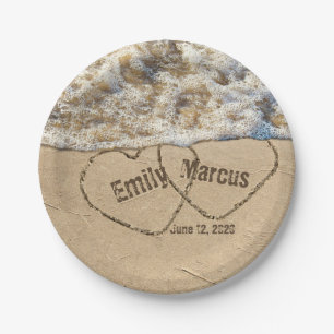 Beach hearts with names in sand for wedding paper plate
