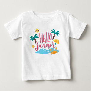 Beach - Hello Summer with Palm Trees and Crab Baby T-Shirt