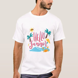 Beach - Hello Summer with Palm Trees and Crab T-Shirt