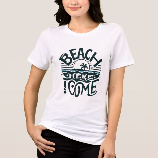 Beach Here I Come Sunset & Palm Tree Island Tri-Blend Shirt (Front)