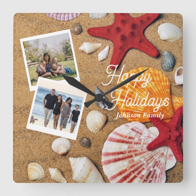 Beach Holiday Coastal Sand Seashells Family Photo Square Wall Clock (Front)