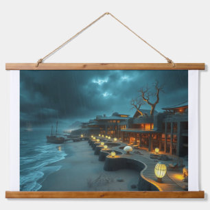Beach Hotel Stormy Skies Hanging Tapestry