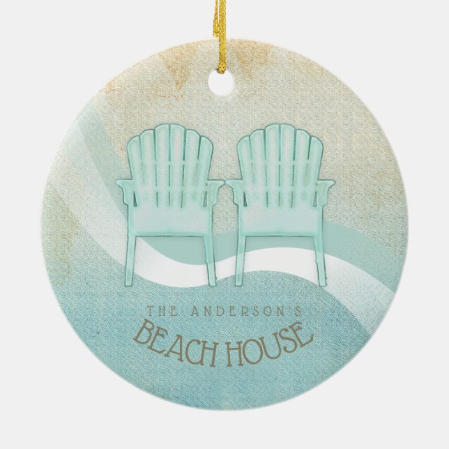 Beach House Adirondack Chairs Aqua Blue ID623 Ceramic Ornament (Back)
