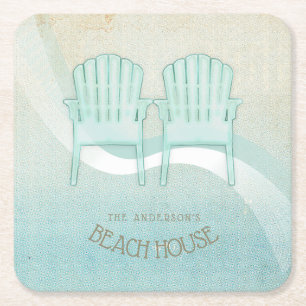 Beach House Adirondack Chairs Aqua Blue ID623 Square Paper Coaster
