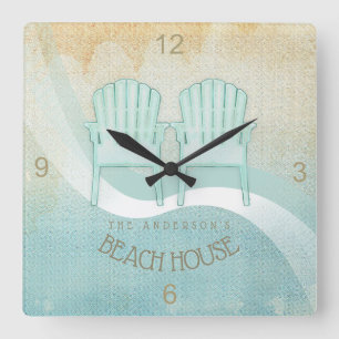 Beach House Adirondack Chairs Aqua Blue ID623 Square Wall Clock