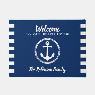 Beach House and Family Name with Anchor Navy Blue Doormat