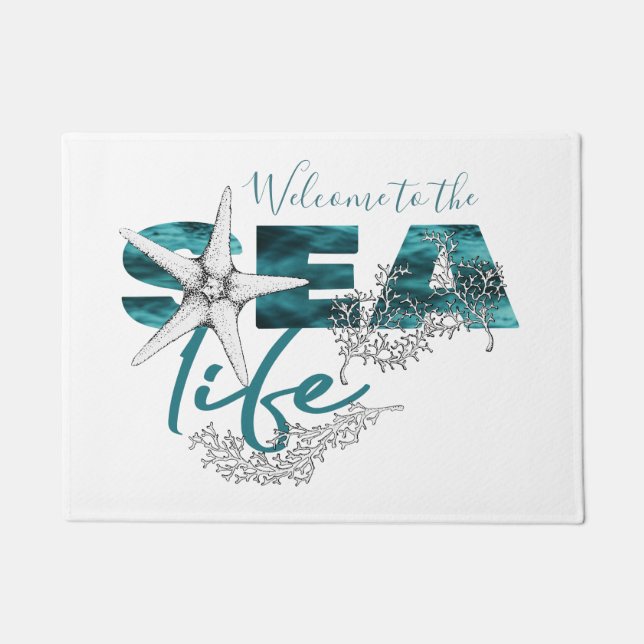 Beach house  aqua blue sea life typography welcome doormat (Front)