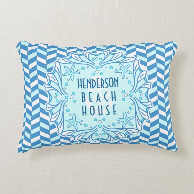 Beach House Art Deco Shell and Herringbone Custom Decorative Pillow (Front)