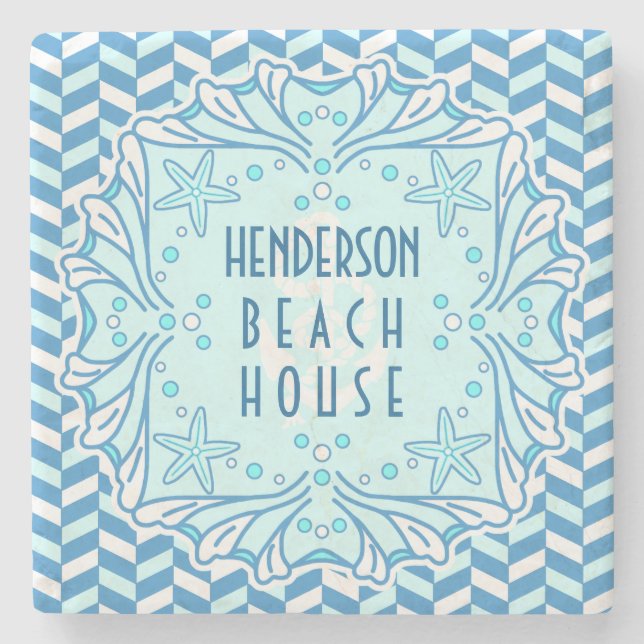 Beach House Art Deco Shell and Herringbone Custom Stone Coaster (Front)