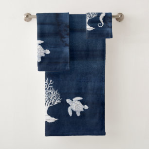 Beach House Bath Navy White Seahorse Turtle Coral Towel Set