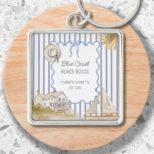 Beach House Blue Coastal Chic Blue Stripes Keychain