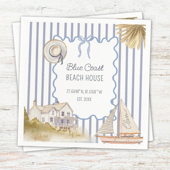 Beach House Blue Coastal Chic Blue Stripes Napkin (In situ)