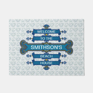 Beach House Blue Sign Scallop Swirls Family Name Doormat