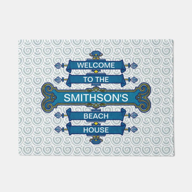 Beach House Blue Sign Scallop Swirls | Family Name Doormat (Front)