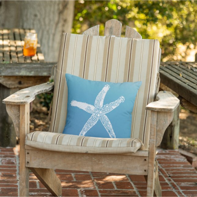 Beach House Blue Starfish Coastal  Outdoor Pillow (Chair)