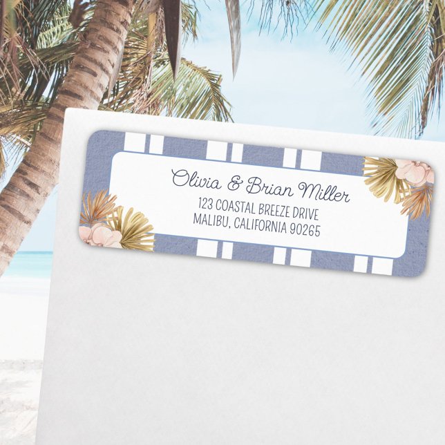 Beach House Blue Strip Coastal Boho Return Address (In situ)