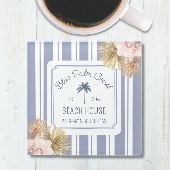 Beach House Blue Stripes Coastal Boho Farmhouse Glass Coaster (In situ)