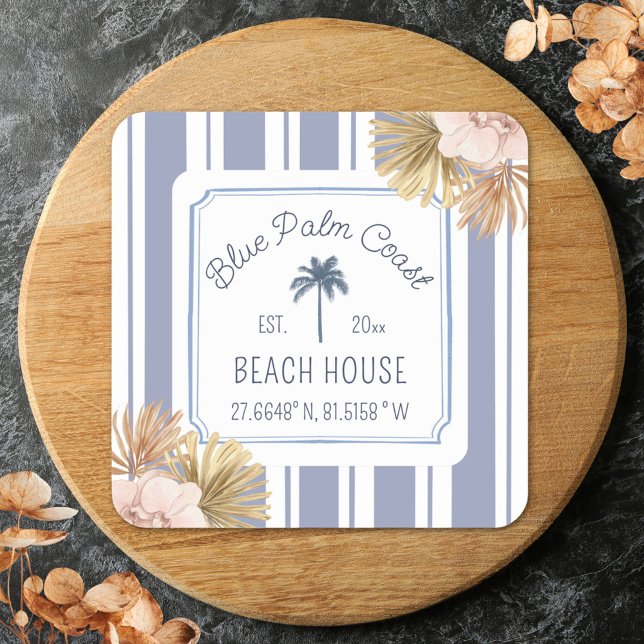 Beach House Blue Stripes Coastal Boho Farmhouse Square Sticker (Close up)