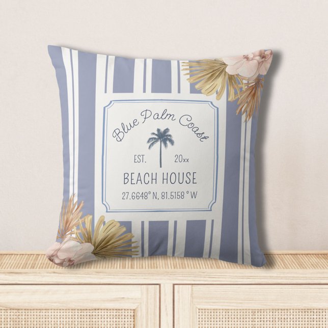Beach House Blue Stripes Coastal Boho Farmhouse Throw Pillow (In situ)