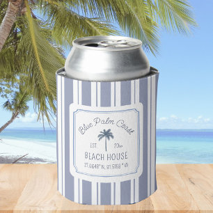 Beach House Blue Stripes Coastal Farmhouse Can Cooler