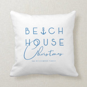 Beach House Christmas Coastal Blue Nautical Ocean Throw Pillow