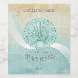 Beach House Clam Shell Aqua Blue ID623 Wine Label